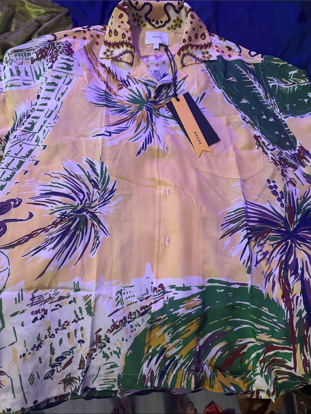 Rhude Resort Button-Up Shirt with Tropical Print - Yellow & Green. S